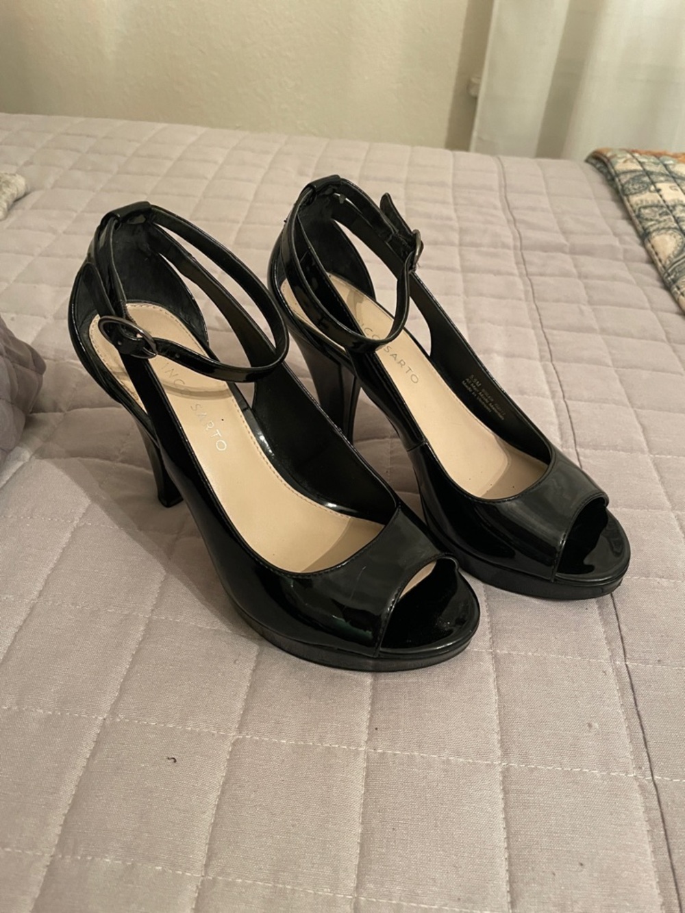 Franco Sarto Black Patent Peep-Toe Ankle Strap Heels